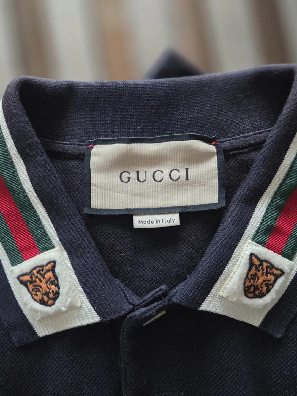Men's Gucci Navy Polo with Tiger. Green & Red Stripe Collar Size L. Worn Once